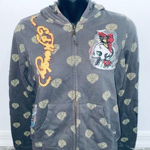 ED HARDY Christian Audigier Sweatshirt Hoodie BUTTERFLY Patch Tigers Skull Small